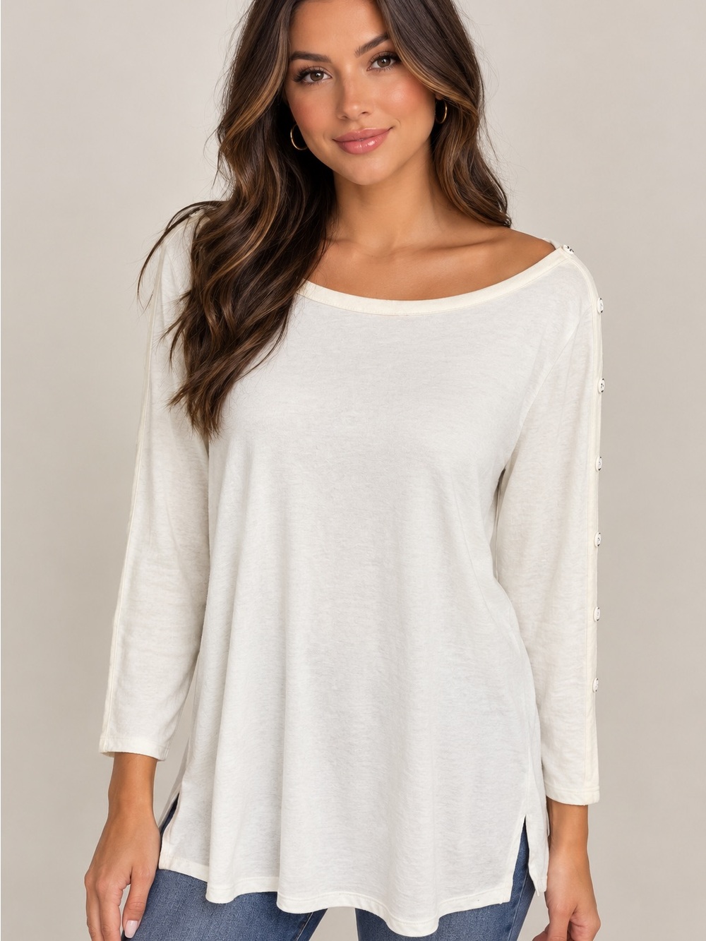 Talbots Cream Boatneck Long-Sleeve Button-Accent Tunic